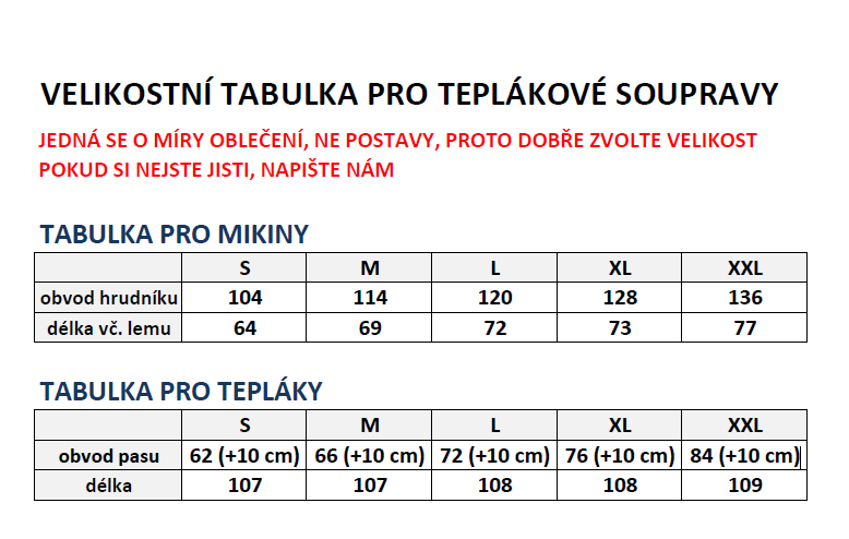 tabulka velikostí teplákové soupravy